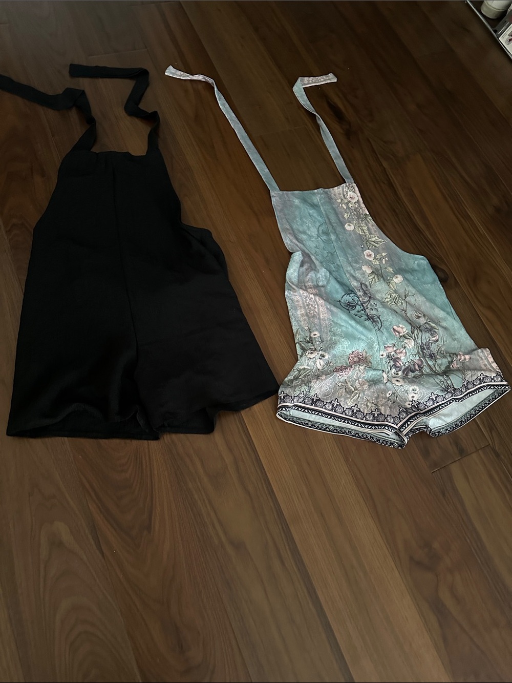 Set of Two Women's Romper/Overalls - Black + Aqua Floral